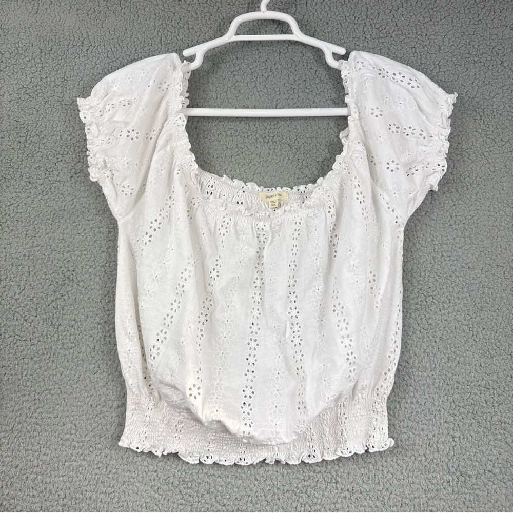 paper tee White Eyelet Square-Neck Puff Sleeve Crop Top off the shoulder peasant